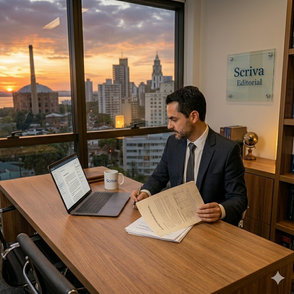 Editor sênior revisando um manuscrito científico na ScrivaLens
